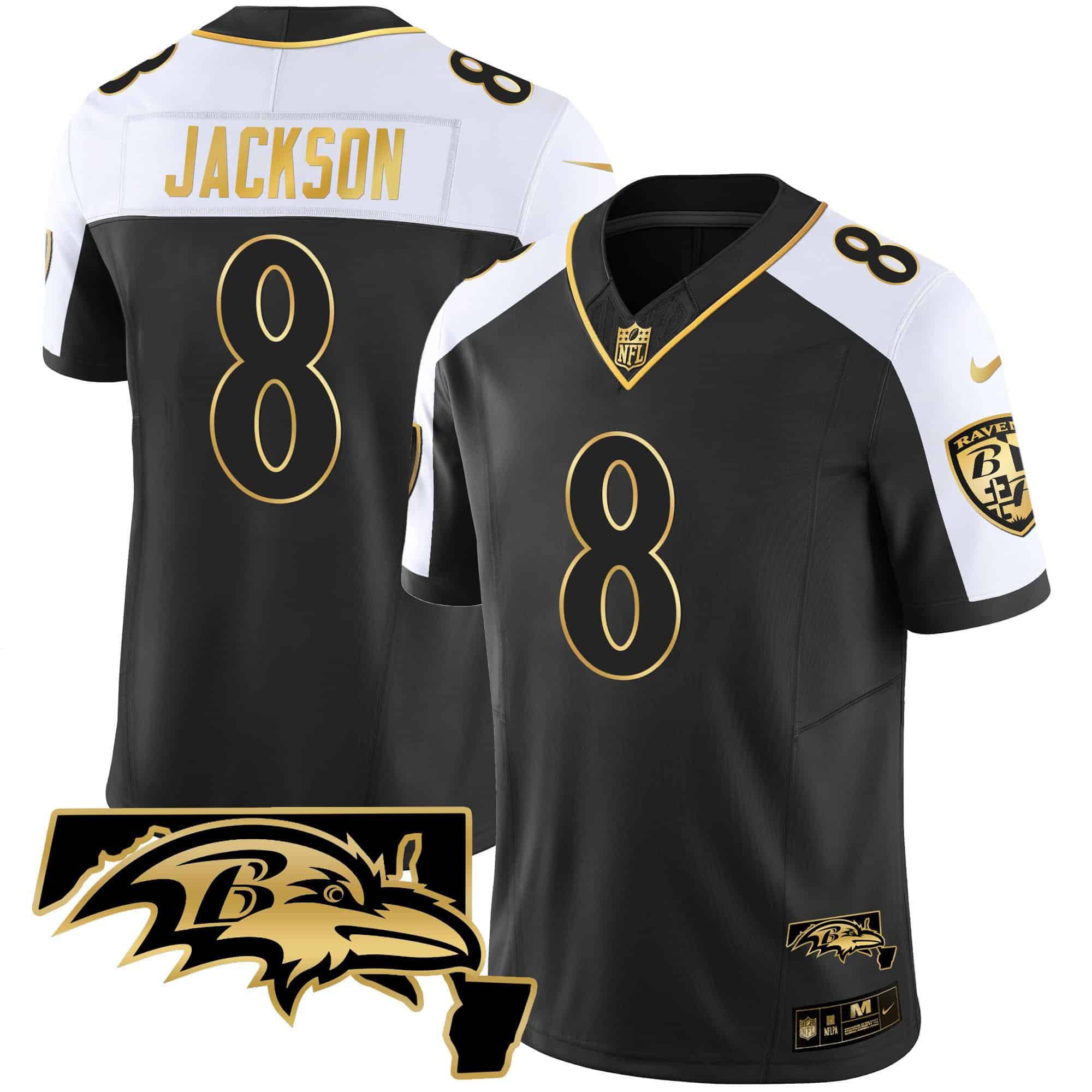 Men Baltimore Ravens #8 Jackson Black Gold 2024 Nike Maryland Patch Vapor Limited NFL Jersey
